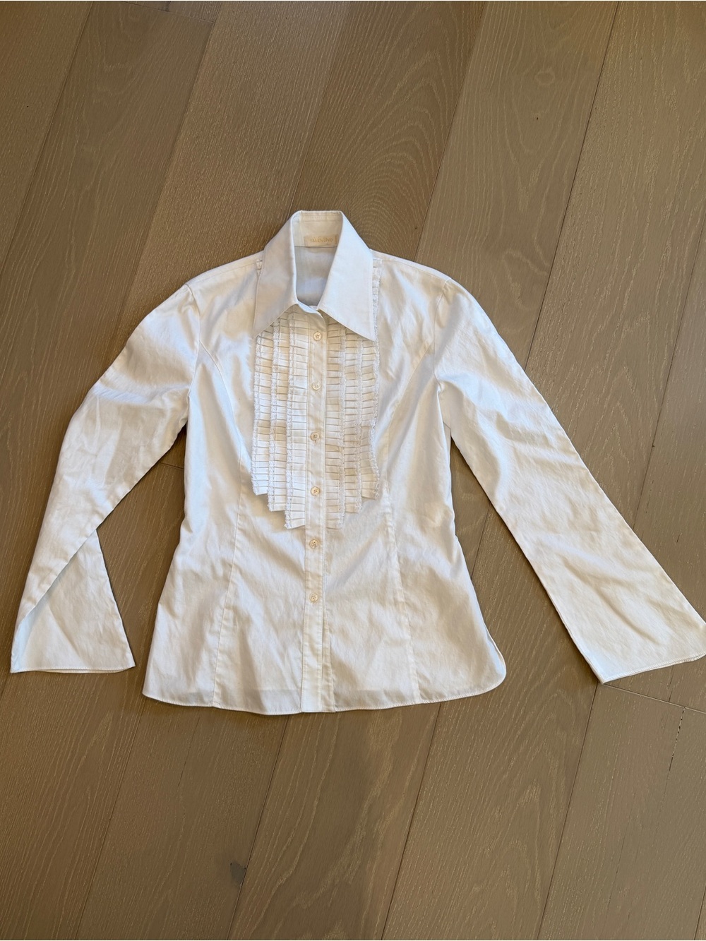 Valentino Y2K White Ruffled Front Button-Down Shirt